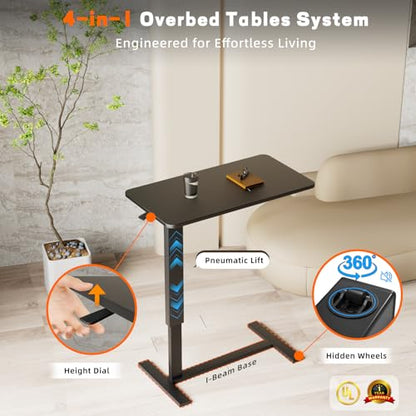 Adjustable Overbed Table with Wheels, Medical Bedside Table, Black | Alloy steel frame, 31.1"x15.3" walnut top, hydraulic 25.6-37.1", 50lb cap, C-base fits under bed, easy-clean, quiet casters - color: Black