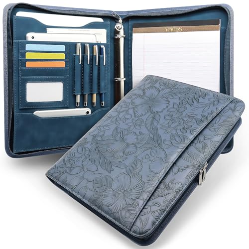 Zippered 3 Ring Portfolio Binder, Padfolio Organizer for Women | Embossed faux leather organizer fits Letter/A4 pads and 13.9 in tablet, with card slots and pen holders for work. - color: Blue, size: Zipper Portfolio(13.7"x11"x1.57")