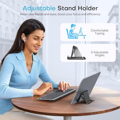 OMOTON Upgraded Rechargeable Bluetooth Keyboard for iPad, with Adjustable Stand Holder and 2 Key Stickers, Compact Portable Wireless Keyboard for iPad 11th A16, 10th, Pro, Air, Mini, Grey - color: Grey