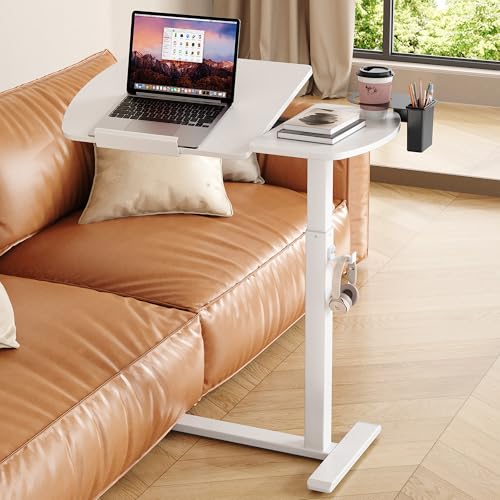Overbed Bedside Table with Wheels, Pneumatic Adjustable Overbed Table, Tilting Desktop Mobile Standing Desk with Cup Holder/ Pen Holder, Rolling Laptop Desk for Bed, Sofa, or Hospital Use (White) - color: White