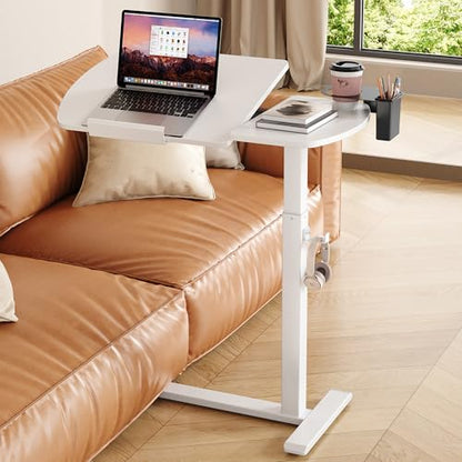 Overbed Bedside Table with Wheels, Pneumatic Adjustable Overbed Table, Tilting Desktop Mobile Standing Desk with Cup Holder/ Pen Holder, Rolling Laptop Desk for Bed, Sofa, or Hospital Use (White) - color: White
