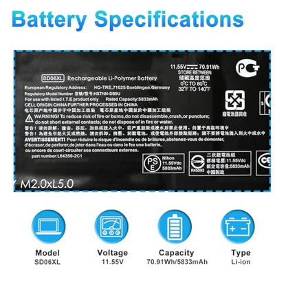SD06XL L84356-2C1 Laptop Battery for HP Omen 15-EK 15-EK0000 15-EN | 15-EN0000 15-EK0XXX EK0008CA 5-EK0013DX 15-EK0023DX 15-EK0007MS 15-EK0071NG Series L84392-005 HSTNN-DB9U 70.91Wh - size: 11.10*3.22*0.31inch SD06XL