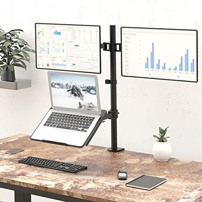 WALI Triple Arm Laptop and Dual Monitor Desk Mount for 17" Notebook and Up to 27" Screens, Extra Tall Adjustable Monitor Stand with Laptop Tray, VESA 75x75 100x100, Black (M002XLLP) - size: Triple, style: Adjustable Desk Mount