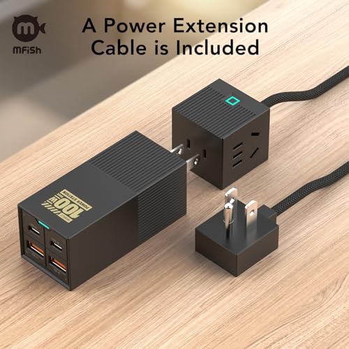 100W USB-C Charger with Extension Line, Fast Laptop GaN Charging, 4-Port USB-C & USB-A Wall Charger Power Adapter Ports for MacBook, Dell XPS, iPhone 17/16/15 Pro Max, Tablet 6-in-1 Power Strip