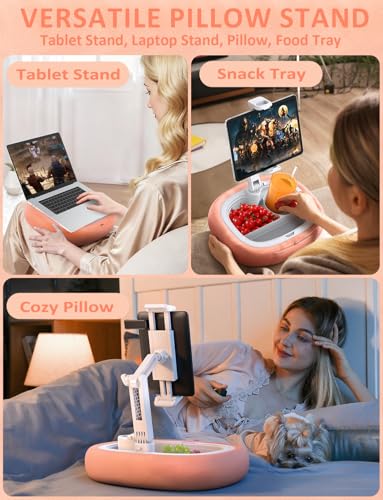 Tryone Tablet Pillow Holder & Laptop Stand : Lap Adjustable iPad Holder with Snack Bowl,Soft Plush Pillow & 360° Rotating Detachable Support Arm for 4.7-16.1 Kindle Phone Tablet Laptop (Pink) - color: Upgraded Version - Pale Pink