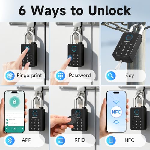 Heavy Duty Fingerprint Padlock with Backup Key | APP Control, Temporary Code, 8mm Hardened Stainless Steel Shackle, 12 Months Battery Life, IP67 Weatherproof - size: 5/16" Shackle