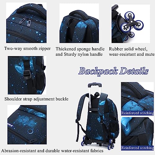 Mildame Geometric Print Rolling Backpack for School Boys Girls with Lunch Bag Teens Bookbag with Wheels Kids Trolley Bag Set, Six Wheels - color: Blue Geometric Set-6 Wheels