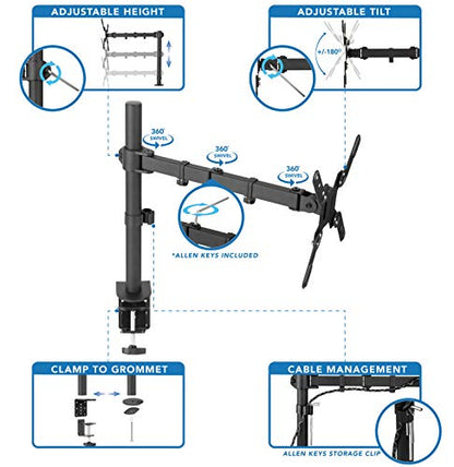 Mount-It! Large Monitor Desk Mount with VESA 200 (200x200, 200x100) Bolting Pattern, Fits up to 42 Inch and Ultrawide Monitors, Full Motion with Clamp and Grommet Base