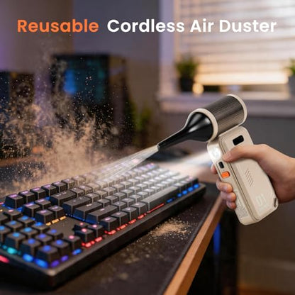 130,000 RPM Rechargeable Compressed Air Duster, Camel | Stepless airflow, LED work light and 4 attachments for keyboards, computers, cars and narrow spaces - color: Camel