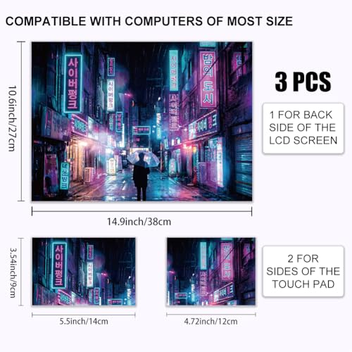 3Pcs Cyberpunk Laptop Skin Sticker Seoul Neon Sign Street Universal Removable Vinyl Stickers Fits for 12.1 13 14 15.6 16 Inch Waterproof Notebook Decal Cover Gift - color: purple and black
