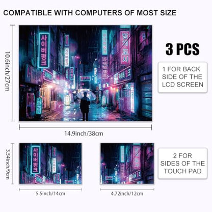 3Pcs Cyberpunk Laptop Skin Sticker Seoul Neon Sign Street Universal Removable Vinyl Stickers Fits for 12.1 13 14 15.6 16 Inch Waterproof Notebook Decal Cover Gift - color: purple and black