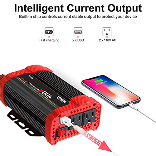 400W Power Inverter, Suitable for Mobile Phones, Laptops, Etc. | DC 12V to 110V AC Car Plug Adapter Socket, 2 Charger Sockets And Dual 3.1A USB Ports, Car Charger Cigarette Lighter Adapter - size: 400W-R
