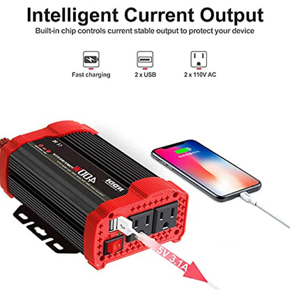 400W Power Inverter, Suitable for Mobile Phones, Laptops, Etc. | DC 12V to 110V AC Car Plug Adapter Socket, 2 Charger Sockets And Dual 3.1A USB Ports, Car Charger Cigarette Lighter Adapter - size: 400W-R
