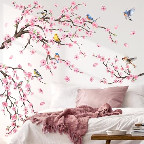 Vinyl Pink Cherry Blossom Trees Wall Decals Birds Peel and Stick Wall Stickers for Bedroom Living Room Bathroom - color: Pink Sakura