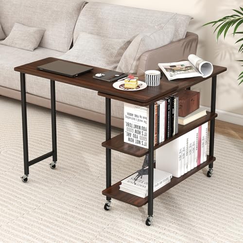 Giantex 360° Free Rotating Sofa Side Table, Mobile L-Shaped Laptop Desk with Sturdy Metal Frame, 6 Universal Casters, Movable Couch Snack Table with 2-Tier Storage Shelf for Home (Walnut) - color: Walnut