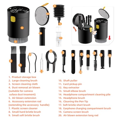 20-in-1 Laptop Phone Screen Earbud Cleaning Kit, Keyboard Cleaner Kit | Keyboard Cleaning Kit with Electronic Cleaning Brush Spray for Airpods Pro,iPad,iPhone Pro,Camera,Computer Cleaning (Black) - color: Black