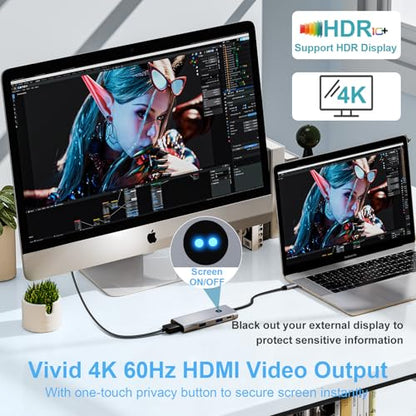 USB C Hub 6-in-1 USB Hub, 4K HDMI USB-C Multiport Adapter | 4K@60Hz HDMI, 2 USB-C & 2 USB-A 10Gbps, 100W PD, Privacy Button, for Mac/Windows/Tablets