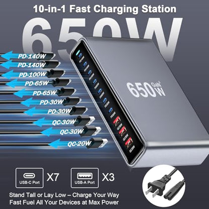 650W USB C Fast Charger Block,Dual PD 3.1 140W USB Charging Station, GaN Ⅲ Multi-Port PD PPS Fast Charging Station for Multiple Devices,Laptop Wall Charger Compatible with MacBook iPad iPhone 17 etc - size: 650W+A 240W Braided Nylon Fast Charging Cable