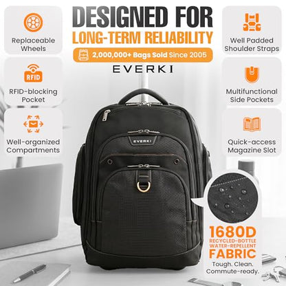 EVERKI Atlas Wheeled 2 Laptop Rolling Backpack for Men & Women, Black - 30L | Polyester, Unisex Professional Design, Padded compartment, RFID, Roller, Business & Work, Travel-Friendly, Fits 13\"-17.3\" - size: Atlas Wheeled V2 - 30L