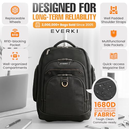 EVERKI Atlas Wheeled 2 Laptop Rolling Backpack for Men & Women, Grey - 30L | Polyester, Unisex Professional Design, Padded compartment, RFID, Roller, Business & Work, Travel-Friendly, Fits 13\"-17.3\" - size: Atlas Wheeled V2 - Grey - 30L