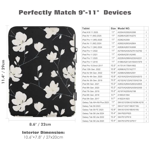 MoKo 9-11 Inch Tablet Sleeve Bag Padded Protetive Carrying Case | Fits New 11inch iPad Air M4, iPad A16 2025, iPad Pro 11 M4, Air 5/4/3, iPad 10/9/8th Gen, Tab S8/S9 11", Magnolia - color: Black & White Magnolia, size: 9-11 inch