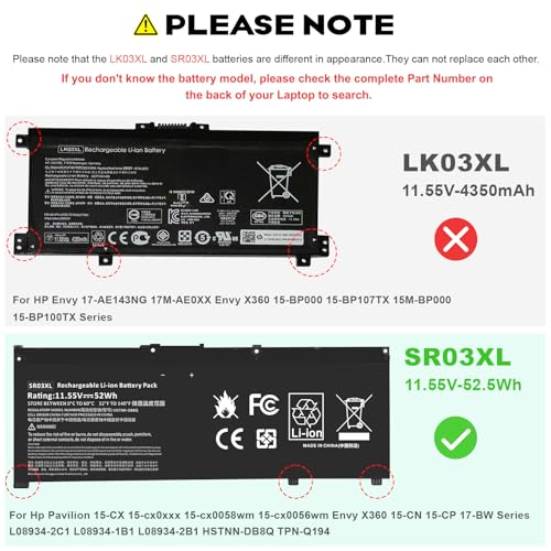 SR03XL L08855-855 Battery Replacement for Hp Pavilion 15-CX 15-cx0xxx 15-cx0058wm 15-cx0056wm Envy X360 15-CN 15-CP 17-BW Series for hp pavilion laptop 15-cx0xxx battery SR04XL 52.5Wh 4550mAh - color: SR03XL