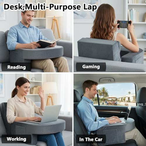 RSN Reading Pillow Set for Bed Sitting, 3 Piece Gaming Pillow-Ergonomic Back/Neck Support with Arms & Pockets, Bed Desk for Adults Laptop and Writing (Gray, OneSize)