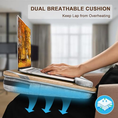 Lap Desk Laptop Bed Table: Home Office Portable Computer Lapdesk with Soft Pillow Cushion and Storage Bag - Wood Wide Writing Padded Tray for Work Gaming on Couch Fits up to 15.6 Inch