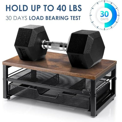 Monitor Riser with Drawers and Pen Holders | Wood & Mesh Metal Computer Monitor Stand with Storage for Desk, Rustic Brown