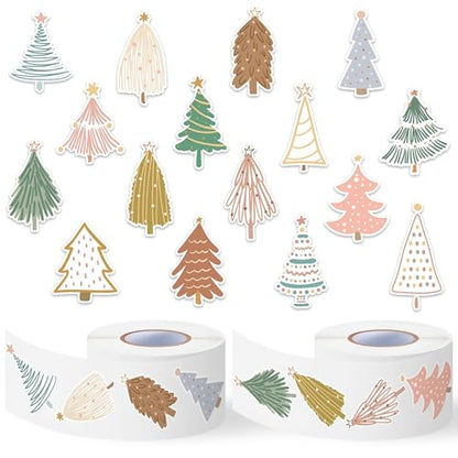 CNhoqc Boho Tree Sticker Rolls, 1000 Pcs Boho Coquette Style Pine Tree | Waterproof Vinyl Reusable Laptop Sticker Coloring Book Scrapbook Water Bottle Page Activity Pad Party Favors Junk Journal - style: Boho Christmas Tree