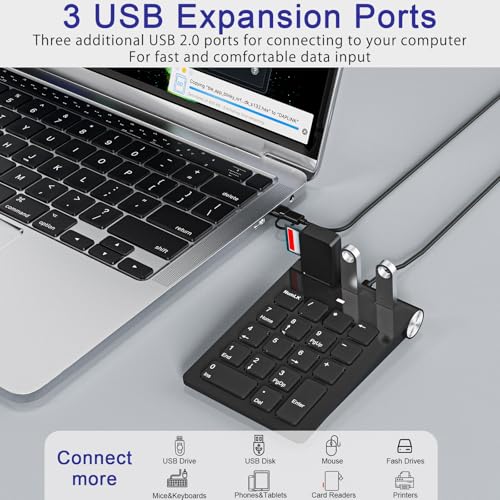 USB C Wired Number Pad, USB Numeric Keypad with 3 USB 2.0 Ports, 18 Key Number Pad Portable Slim Mini Keyboard for Laptop/Desktop/ Surface/ iPad, USB Number Keypad for Windows/MacOS/Chrome OS, Black