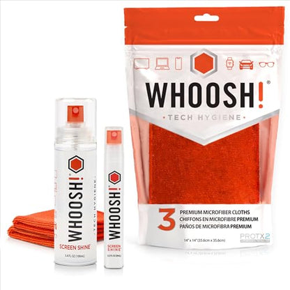 WHOOSH! Screen Cleaner Spray & Microfiber Cloths Bundle | 3.4 & 0.3 fl oz + 2 Microfiber Cloths (6x6) + 3 Microfiber Cloths (14x14)
