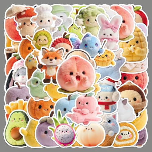 50 PCS Cute Plush Stickers for Scrapbooking, Kawaii Cartoon Decals for Journaling Planner, Waterproof Adorable Food Animal Vinyl Stickers for Water Bottle Laptop Phone DIY Crafts - style: A6