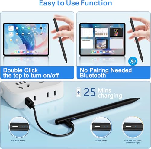 Stylus Pen for Apple iPad A16/11th 2026-2018 iPad Pencil A16/11/10/9/8/7/6,Air 11"/13" M4/M3/M2/5th-3rd,Pro 13"/11"/M4/12.9",Mini A17 Pro/6/5th Stylus Palm Rejection Tilt Sensitivity Fast Charge-Black - color: Black, size: 1pack