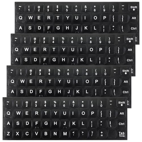 4PCS Keyboard Letter Stickers, Ultra-Clear Black Background with White Text Laptop Keyboard Stickers, Universal Replaceable English Keyboards Sticker Letters for PC, Laptop, and Desktop