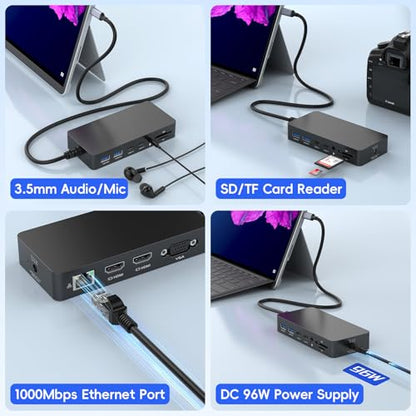 2026 New Surface Thunderbolt 4 Dock Triple Displays 4K HDMI*2+VGA, 12 in 1 Surface Pro Docking Station with Power Adapter for Surface Pro 11/10/9/8/X/7/6/5/4/3, Surface Laptop, Surface Book Go