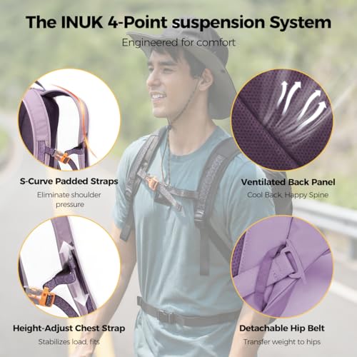 INUK Travel Laptop Backpack, 25L Recycled Waterproof Light Daypack | Dual laptop pockets, soft light foam straps, recycled wear-resistant fabric, water repellent coating, Purple - color: Misty Purple