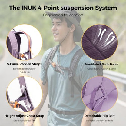 INUK Travel Laptop Backpack, 25L Recycled Waterproof Light Daypack | Dual laptop pockets, soft light foam straps, recycled wear-resistant fabric, water repellent coating, Purple - color: Misty Purple