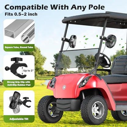 Golf Cart Fan, Portable USB Clip Fan for EZGO, Club Car, Yamaha, 3700rpm Hi-velocity and Low Noise, 3 Speed, 360° tilt, 10sec Quick Mount, Waterproof, for Travel Camping Outdoor Car Home RV
