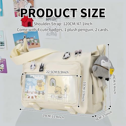 Kawaii Crossbody Ita Bag for Women with Pin and Plush Penguin, Cute Messenger Bag Japanese Crossbody Bag Y2K Purse - color: Beige, size: Large-Fit Laptop