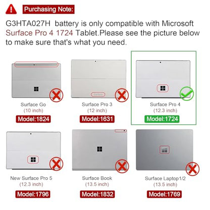 TREE.NB 7.5V 38.2Wh G3HTA027H DYNR01 Laptop Battery Replacement for Microsoft Surface Pro4 Pro 4 1724 12.3 inch Tablet DYNRO1 G3HTA026H G3HTA027H - size: 8.15x3.9x0.12inch G3HTA027H
