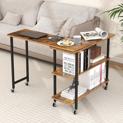 Giantex 360° Free Rotating Sofa Side Table, Mobile L-Shaped Laptop Desk with Sturdy Metal Frame, 6 Universal Casters, Movable Couch Snack Table with 2-Tier Storage Shelf for Home (Brown) - color: Brown