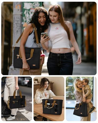 Tuwubi Canvas Tote Bag for Women, Large Tote Bag with Zipper & Compartments for Travel Work College Teacher Nurse - color: Black
