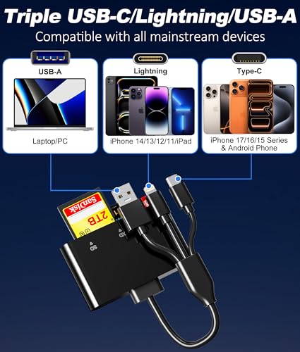 XD Card Reader for iPhone - 3-in-1 SD/MicroSD/XD Picture Card Reader Adapter with Triple Ports USB-C, Lightning, USB-A, Compatible with iPhone 17/16/15, Android, iPad, PC, Mac - color: Black