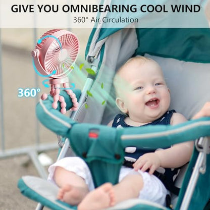snawowo Mini Portable Stroller Fan, 3000mAh Battery Operated Personal Small | Handheld Fan with Flexible Tripod, 360° Rotate 3 Speed Rechargeable Clip On for Car Seat Crib Treadmill Travel Camping - color: C-Pink