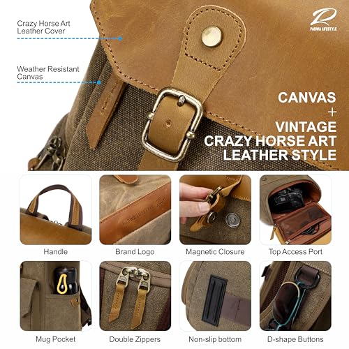Padwa Lifestyle Khaki Professional Camera Backpack - Retro Crazy Horse Art Cowhide Canvas Large Camera Bag with Multi Camera&16” Laptop Thick Compartment,Weather Resistant Photography Backpacks - color: Khaki