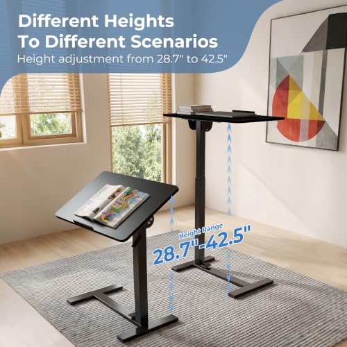 DUMOS Mobile Standing Desk, Bedside Table, Overbed Table | Adjustable Pneumatic Lift, Hidden Wheels, Portable Computer Cart, Bed Couch Office Sofa, Black - color: Ink