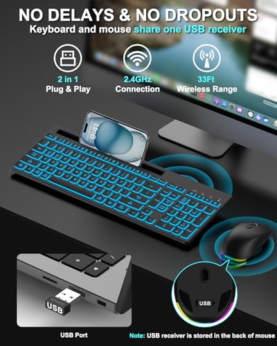 Wireless Keyboard and Mouse Combo, 7 Backlit Effects, Light Up Letters, Rechargeable, Phone Holder, 6 Button Mouse, Ergonomic Tilt Angle, 2.4GHz Silent USB Keyboard Mouse for Laptop, PC - color: Matte Black