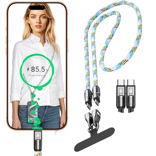 Phone Lanyard Charging Cable Type C–Crossbody Blue | Crossbody USB C Cable with Tab, PD 240W USB C to USB C Cables for Cell Phone and All USB-C Devices - color: Blue
