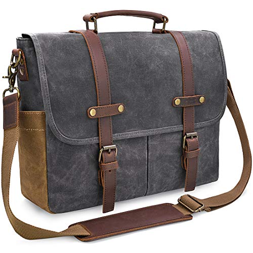 Mens Messenger Bag 15.6 Inch Waterproof Vintage Genuine Leather Waxed Canvas Briefcase Large Satchel Shoulder Bag Rugged Leather Computer Laptop Bag, Grey - color: Grey